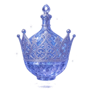 luxurious crystal elixir bottle shaped unmistakably like a crown (not a flask), color #7986cb, ornate multi-layered holographic and silver filigree, intricate crystal texture, magical glowing and sparkling effects, radiant light beams, very small neck, seamless and beautifully rounded closed bottom (not flat or open like glass), transparent background, bottle clearly floating in air, no base or shadow, not standing, modern, collection style, extremely beautiful and refined, elegant crown silhouette sticker