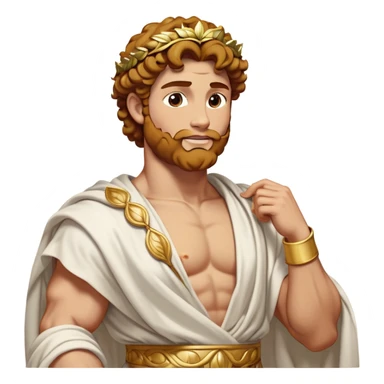 Cinematic Realistic Hercules Portrait, head tilted dramatically with an exaggeratedly amused expression, blending the fierce valor of the Hercules with the classic elegance of Michelangelo's David. His light tan skin and thick, curly, golden brown hair, rendered with meticulous classical detail, frame a face of heroic determination and playful charm. Clad in a gracefully draped white robe adorned with subtle golden embellishments and accented by a distinguished Greek laurel wreath, dynamic lighting accentuates both his formidable physical power and his approachable, spirited demeanor. sticker