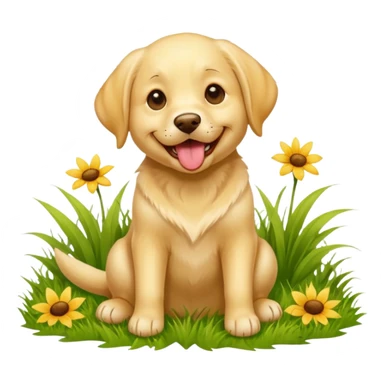 A yellow Labrador Retriever sitting on a grassy field, smiling with its tongue out under bright sunlight. Realistic lighting, outdoor park setting, friendly expression, high detail. sticker