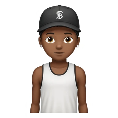 Black boy, 14 years old, black cornrows, sports tank top, baseball cap sticker