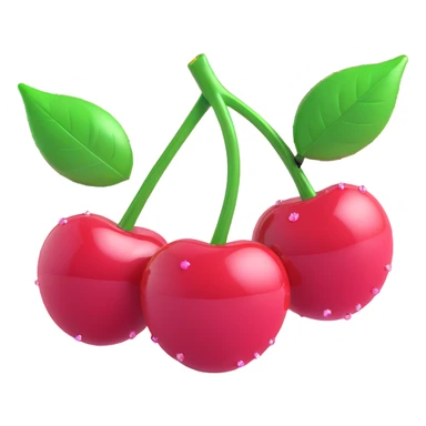 two cherries with green leaves connected by thin stems, glossy finish, 3D depth and shading, sparkles around, pink watercolor-like circles in the background, composition and pose matching reference image sticker
