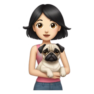 asian girl with black hair standing next to a cute pug  sticker