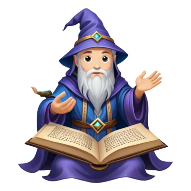 An icon representing an adventure game, inspired by mystical fantasy. The design features a wise and powerful wizard floating above an ancient spellbook, arcane runes glowing beneath him. The swirling cosmic background hints at deep magical knowledge, adventure, and untold power. Transparent background. sticker