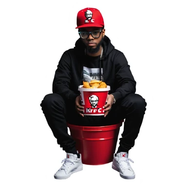 BBNO$ rapper sitting in a KFC bucket, glasses, beard, snapback cap sticker