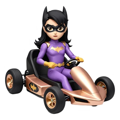 Hot full size real size -appearance electric racing action BatGirl’s feminine midnight-colored tight outfit sixty’s tv show 1992 dark stealthy sporty safe plush petite off-road pursuit cruiser car rose gold accents (black hair,reclined and relaxed torso and shoulders seating position) go kart  sticker