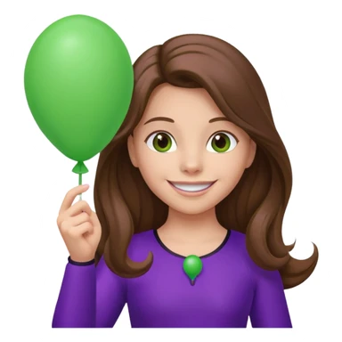 girl with long brown hair and purple costumes, holding green balloon sticker