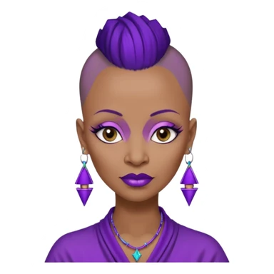 57 years young,  brown skinned Black queen with a  no hair on side and a  mohawk hairstyle, purple lipstick,  purple eyeshadow,  droopy looking  eyes, bamboo triangle earrings with the name Draya personalized on them.  sticker