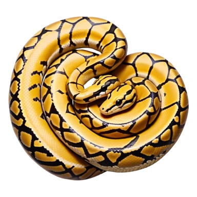 A photo-realistic top-down view of a Ball Python gently coiled into a tight spiral, with its head resting peacefully at the center. Its scales are warm brown with bold, irregular black markings, including the distinctive “alien-head” pattern, flowing smoothly along its body.  sticker