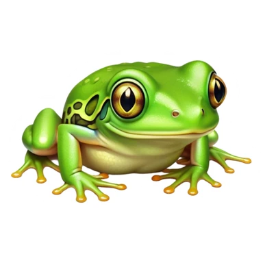 Cinematic Cute Green Tree Frog Portrait Emoji, Head tilted playfully and inquisitively, featuring a charmingly compact form with vivid green, slightly textured skin, prominent sticky toe pads, and round, sparkling eyes full of playful wonder, Simplified yet irresistibly adorable features, highly detailed, glowing with a warm, inviting jungle glow, high shine, affectionate and lively, stylized with a touch of tropical whimsy, soft glowing outline, capturing the essence of a mischievous yet loving frog that seems as if it could hop out of the screen into your arms! sticker