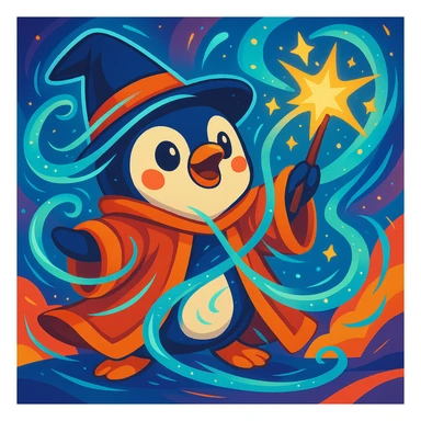 Enhance the magic of the penguin wizard casting a dramatic spell with swirling energy, glowing stars, and magical effects around the wand and robe, in a colorful cartoon style. sticker