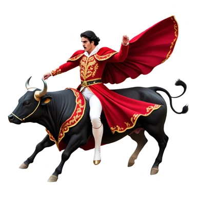 ​Cinematic Realistic Spanish Matador in Action, depicted in an ornate traje de luces with a flowing red cape, captured in the dramatic moment of confronting a charging bull in a traditional bullring, rendered with dynamic motion and dramatic lighting that encapsulates the intensity and artistry of the spectacle, sticker