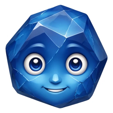 A single sapphire-blue faceted rock head, chunky and worn, with very visible cracks and chipped facets but still shiny, big kind eyes and a confident smile sticker