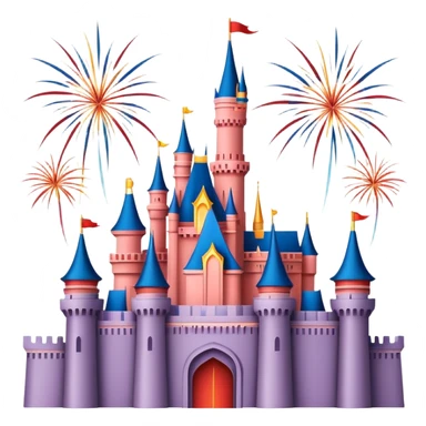 Shanghai Disney Castle with fireworks, simplified emoji style with bold outlines and bright colors, cartoon style fairy tale castle sticker