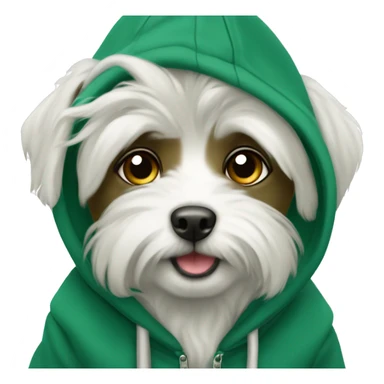 Dog white cute mini maltaise wearing a dark green hoodie  sticker