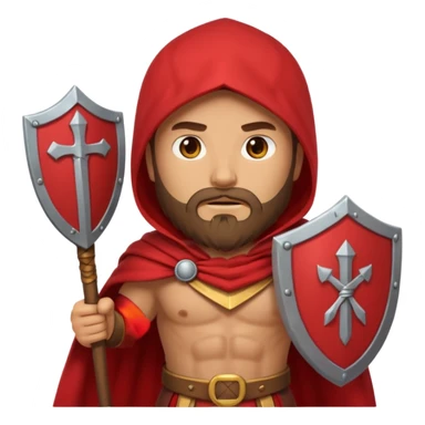 An emoji portrait of a Spartan warrior. He has a determined expression and a beard. He wears a red cloak and holds a shield with a lambda symbol. sticker
