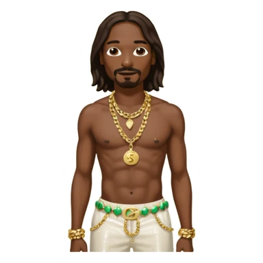 Snoop Dogg with long dark brown hair, cream sequin baggy pants, shirtless with necklace sticker