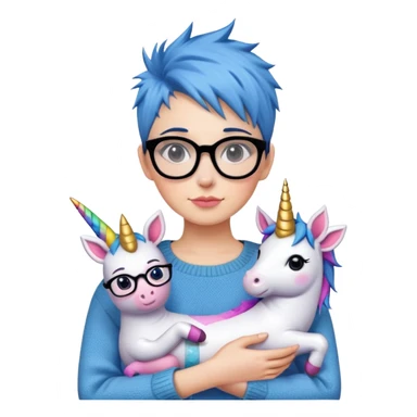 27 year old woman with blue short spiky hair, black glasses, and a sweater, holding a unicorn stuffed animal   sticker