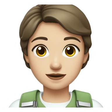 A brunette girl with a pixie cut, she has light pink lips, is white, and hazel blue eyes, she wears a light green shirt and a white vest over. She is a field medic sticker