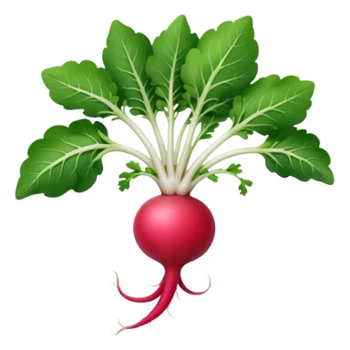 fresh radish, whole, round, pink-red, white root tip, smooth glossy, crisp, green leafy tops, no dirt, no slicing, no extras, soft lighting, emoji scale sticker
