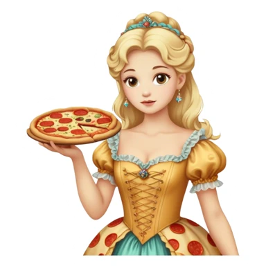 Blonde model wearing a rococo gown holding a pizza  sticker
