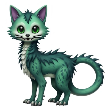 Scaley Kawaii spectral spooky dark bleak blackish swampy white-skeletal gloomy ghostly dark greyish dark-deep-greenish foggy eldritch beautiful realistic edgy fantasy ghoul-like stitched feline-vernid-sergal-fursona animal creature with a tufted tail full body with intricate markings  sticker