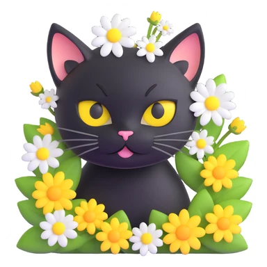 cute black cat with big yellow eyes peeking out from green grass, white flower on its head, surrounded by small white and yellow flowers, 3D iOS 18 style illustration sticker