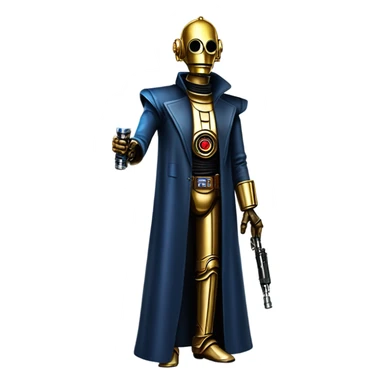 tough well-equipped jedi first order life-sized darkblue-pearl C3po as a friendly bounty hunter droid wearing a leather clothing old west duster coat holding light saber sticker