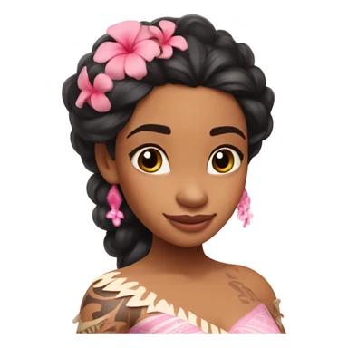 princess moana wearing a rococo pink dress with a pink Hawaiian flower in her hair sticker
