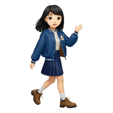 hair : black long hair with fringe (almost waist length) 
skin : light 
outer : deep brown varsity jacket (oversize) 
skirt : navy long long skirt (under knee, close to toe)  
motion : walking alone 


 sticker