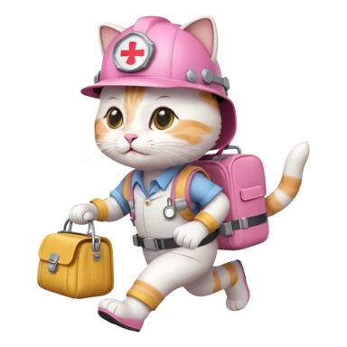A cute white and pink funny cartoon cat dressed as engineer with a white helmet running very fast carrying her cute bag leaving a smoking footsteps sticker