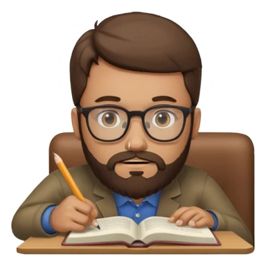bearded man with glasses studying sticker