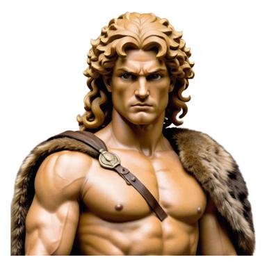 Cinematic Realistic Barbarian Hercules Portrait, depicted as a fierce Greek hero with the chiseled features of Michelangelo's David. His light tan, sculpted skin glows with timeless strength, and his thick, curly, golden brown hair cascades in wild, untamed curls reminiscent of a warrior’s mane. Instead of a flowing white robe with golden accents and a laurel wreath, he wears rugged, weathered leather and fur garments—a tattered, fur-trimmed cloak draped over broad shoulders and a simple circlet forged from iron and bone. His intense, determined eyes exude savage nobility, all rendered under dynamic natural lighting with a mythic, raw, radiant glow. sticker