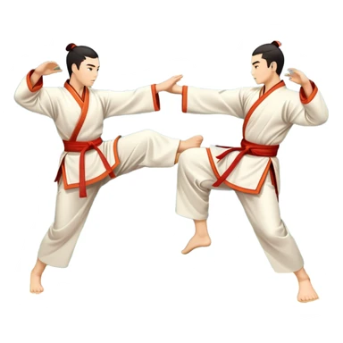 Two martial artists in traditional Wushu attire, performing elegant, fluid moves. The background shows a peaceful, scenic landscape with mountains and bamboo trees, symbolizing the balance of power and grace in Wushu.  sticker