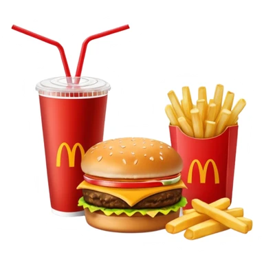 make a Luxe Cheeseburger Meal combo with cold drink inside that a straw and some ice cubes and beside some McDonald's fries box inside some thick fries

 with a angle to 15–20° gentle bird’s-eye angle  sticker