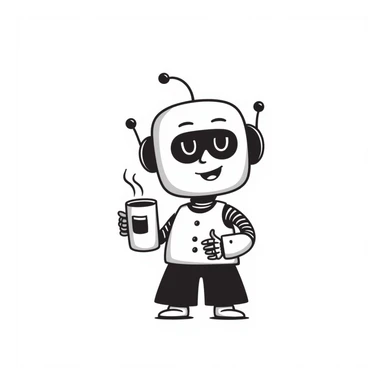 A hand-drawn robot character happily holding a coffee mug sticker