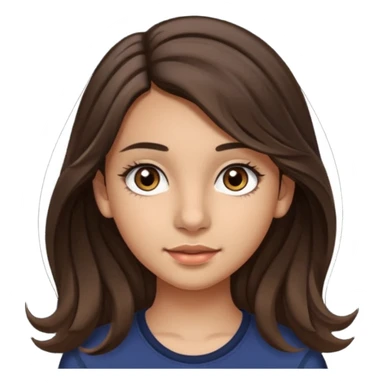 Create a emoji of a girl teen (14 years old) with dark brown hair and a little bit lighter brown in the end of the hair (but mixed) and waves in the hair, very long hair, with MEDIUM FAIR TO OLIVE skin tone, dark brown eyes, perfect nose, long eyelashes sticker