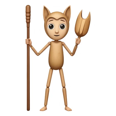 a tall, cylindrical, wooden-like figure with a human-like face, large eyes, and a slight smile. It has small, thin arms and human legs. It appears to be holding a long, wooden stick or bat.
 sticker