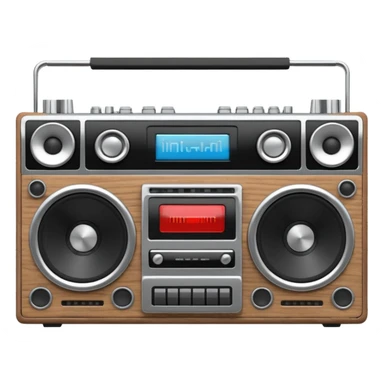 3D render of Boombox, vintage 1980s audio equipment aesthetic, tactile analog buttons, silver chrome body with black speakers, mixed wood grain and brushed aluminum textures, Apple emoji style, isolated on white background --v 6.0 sticker