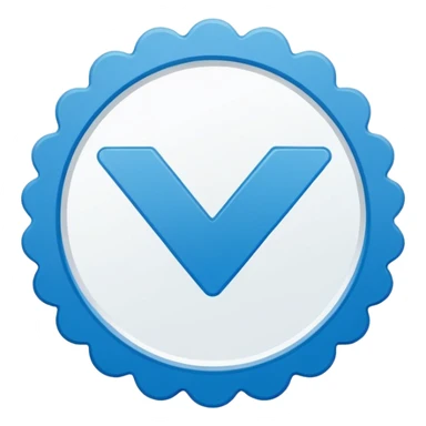 Flat blue verification badge emoji, scalloped circular shape, bold white checkmark in center, clean vector style, no text, no gradient, transparent background, emoji icon. sticker