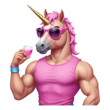 friendly anthropomorphised masculine unicorn with horse-like face, muscular bodybuilder build, in tutu and pink t-shirt, wearing dark sunglasses, relaxed pose, close-crop head and shoulders portrait sticker
