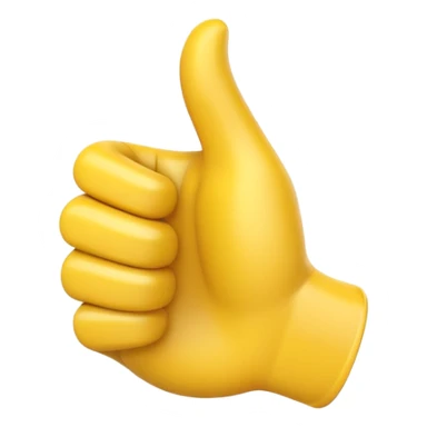 Apple-style 3D illustration of a single yellow emoji hand giving a thumbs up gesture, glossy and rounded, centered on a clean white background, soft shadow underneath, isolated and minimal design sticker