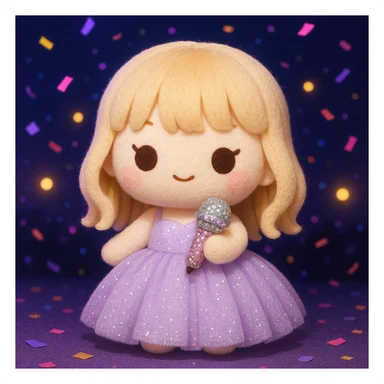 Pretty and girly Blonde pop star with bangs wearing a sparkly tulle light purple ballgown, holding a bedazzled microphone, reimagined as a soft kawaii plushie doll, with a nighttime concert backdrop with colorful confetti sticker