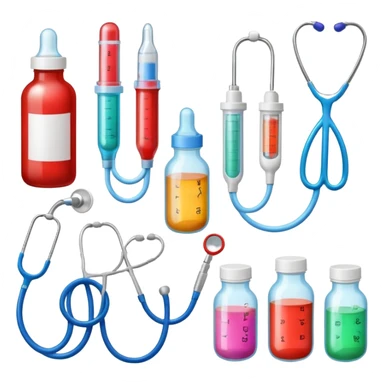 stethescope, heel lancet, medication, baby blood tubes, monitoring cables, baby bottle, cute scrapbooking paper,  sticker