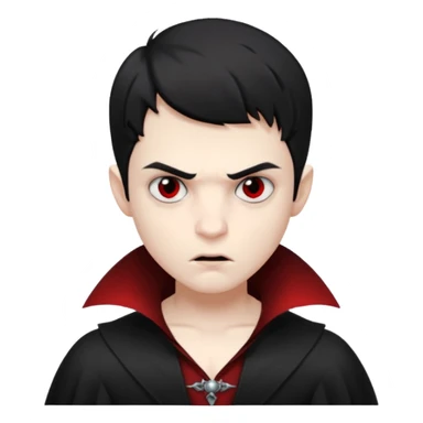 Vampire boy with the short black hair, pale scin, black eyes, little fangs and dark circles under his eyes. He has serious face sticker