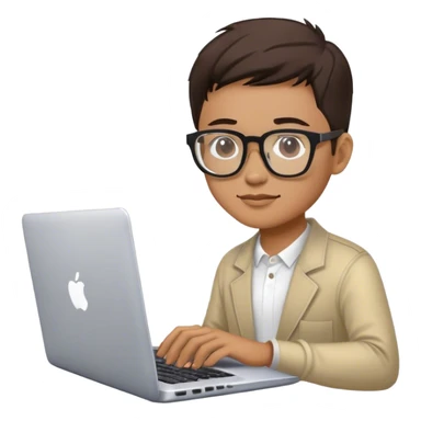 lập trình viên người Việt Nam, đeo kính, ngồi làm việc với chiếc laptop sticker