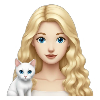 White woman with long blonde hair, blue eyes, white cat with heterochromia sticker