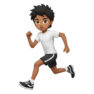 generate a pretty bratz brown skinned boy with black messy hair wearing a white tshirt and black running shorts. running on the street with white sneakers sticker
