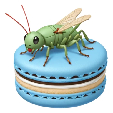 A cartoon cricket on a blue macaron with white frosting to be an icon image sticker