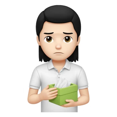 generate a pretty bratz boy with long black hair, wearing a white polo shirt. Looking sad, holding a box of tissues sticker