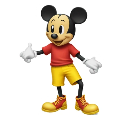 Mickey Mouse wearing red shorts and big yellow shoes, smiling happily. sticker